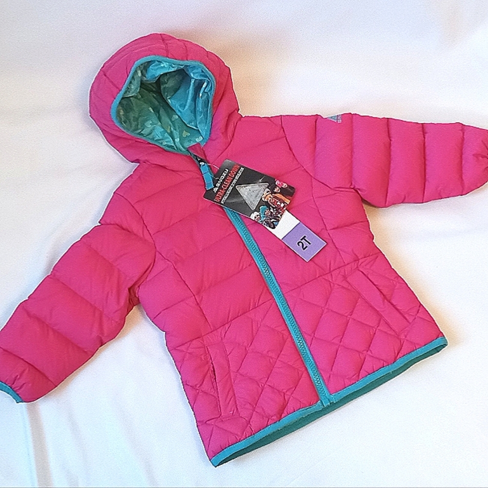 Snozu Girl's Puffer Jacket Size 2T Dark Pink & Turquoise Hooded Full Zip